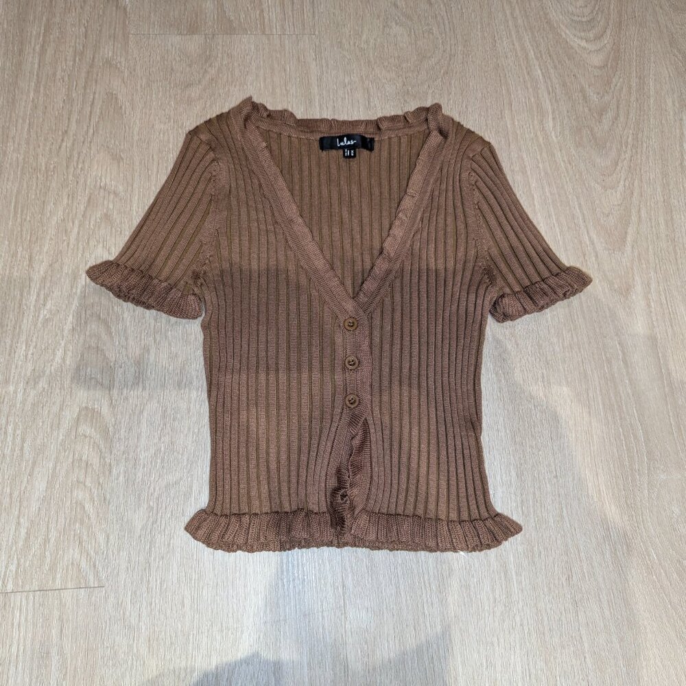 lulus Keighlen Brown Ribbed Ruffled Short Sleeve Sweater Top
